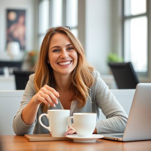 Elena Parisi sorride durante una pausa caff&egrave; in ufficio, con un laptop sullo sfondo