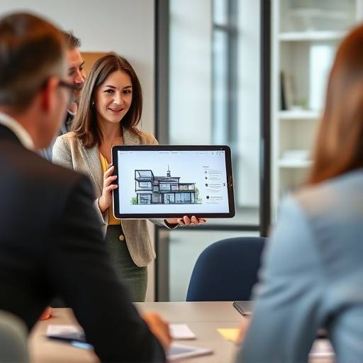 Francesca Russo, Architetto, presenta un progetto durante una riunione con i clienti usando un tablet