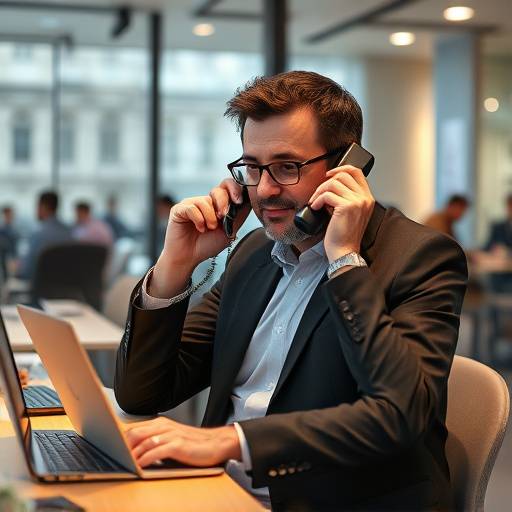 Riccardo Fumagalli, Dirigente Commerciale, al telefono in un ufficio con vista sulla citt&agrave; di Milano