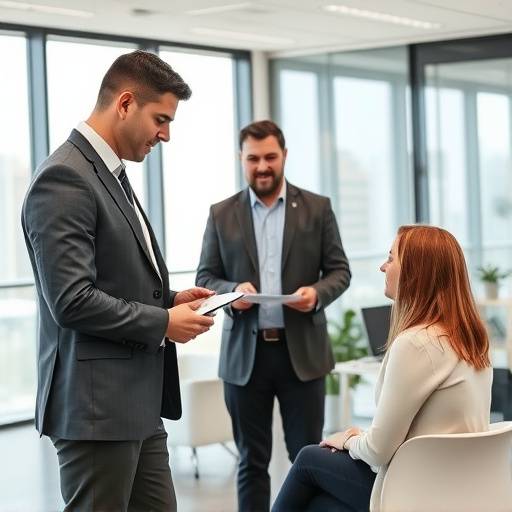 Un coach di leadership che guida un cliente attraverso una simulazione di scenari complessi in un ambiente di ufficio moderno.