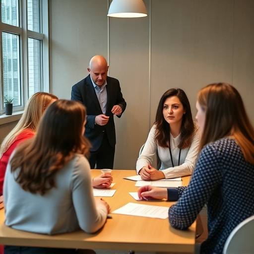 Un gruppo di persone che partecipano a un workshop interattivo sulla gestione del conflitto, con un facilitatore che guida la discussione.