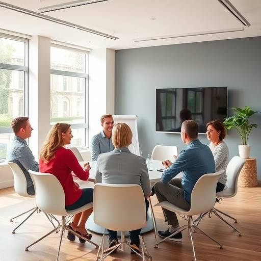 Un gruppo di professionisti che partecipano a un workshop di leadership in un ambiente di coaching luminoso e moderno