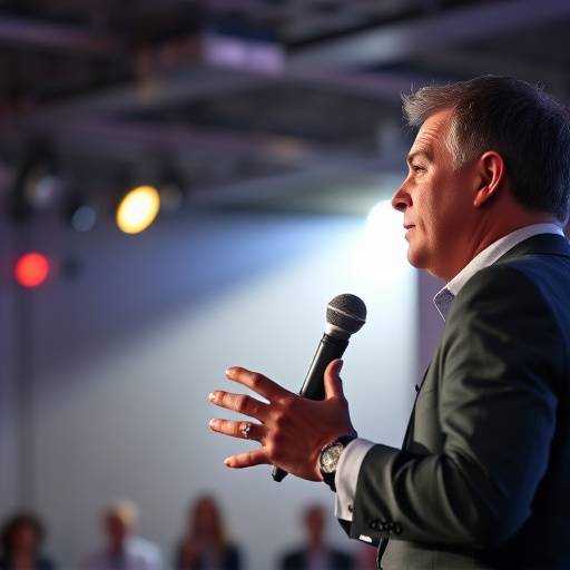 Un oratore carismatico tiene un discorso a una conferenza