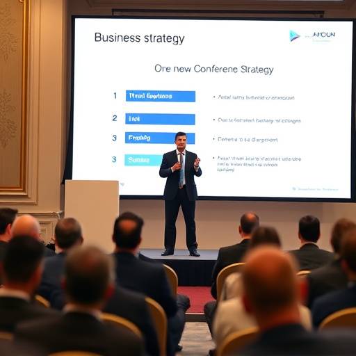 Un relatore che presenta con sicurezza una strategia aziendale a un vasto pubblico durante una conferenza a Milano.