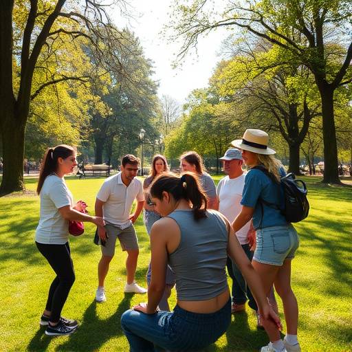 Un team di persone che partecipano a un'attivit&agrave; di team building all'aperto in un parco a Milano.