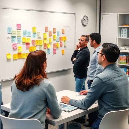 Un team di sviluppo software discute durante una riunione informale con post-it su una lavagna bianca