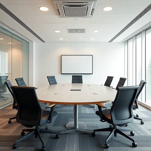 Una sala riunioni elegante con sedie ergonomiche e tavoli moderni, progettata per sessioni di coaching di gruppo